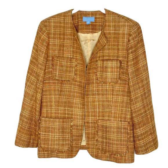 J. McLaughlin 100% Silk Tweed Plaid Blazer Jacket Brown Orange Pockets Sz 10 - Picture 1 of 6